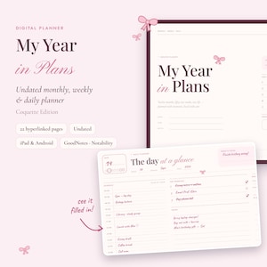 Undated Coquette Digital Calendar Planner Pink Hyperlinked GoodNotes Planner | Bow Aesthetic Monthly Weekly Daily iPad Planner | Reusable