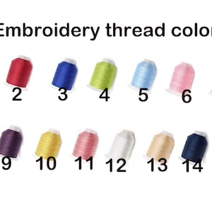May include: Image showing a selection of embroidery thread colors. The text "Embroidery thread color" is at the top. Fifteen spools of thread are arranged in rows, each labeled with a number and a different color, including blue, red, green, pink, and black.