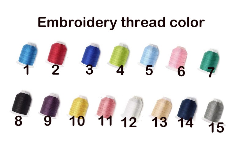 May include: Image showing a selection of embroidery thread colors. The text "Embroidery thread color" is at the top. Fifteen spools of thread are arranged in rows, each labeled with a number and a different color, including blue, red, green, pink, and black.