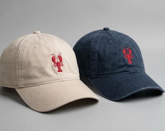 Personalized Lobster Embroidered Hat, Custom Name Baseball Cap, Vintage Washed Dad Hat, Beach Vacation Gift, Nautical Summer Cap