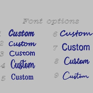 May include: Nine font options for customizing text, numbered 1 through 9. Each option displays the word "Custom" in a different font style.