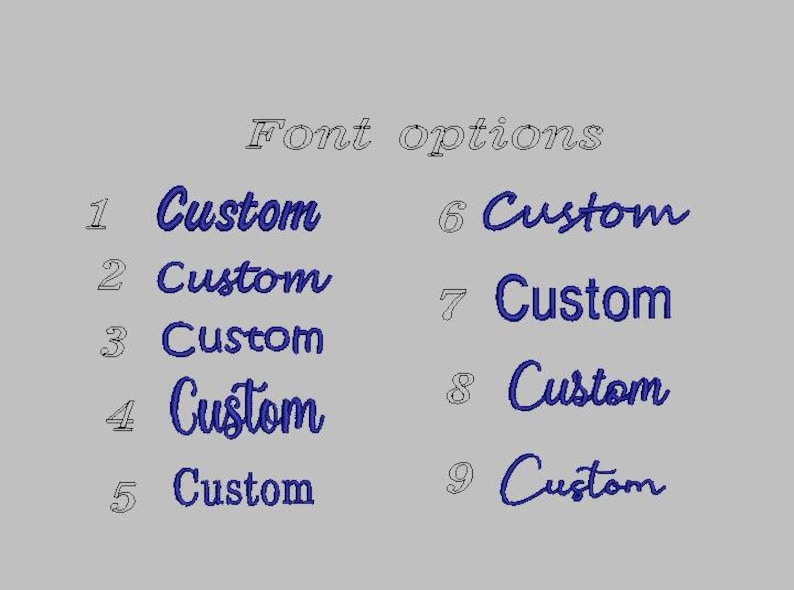 May include: Nine font options for customizing text, numbered 1 through 9. Each option displays the word "Custom" in a different font style.