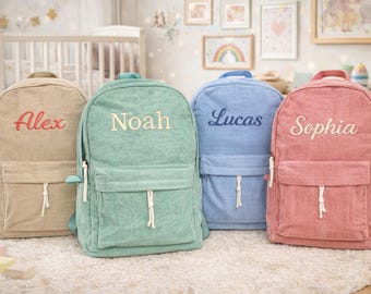 Personalized Kids Backpack, Custom Name Embroidered School Backpack, Corduroy Kids Travel Bag, Back To School Gift