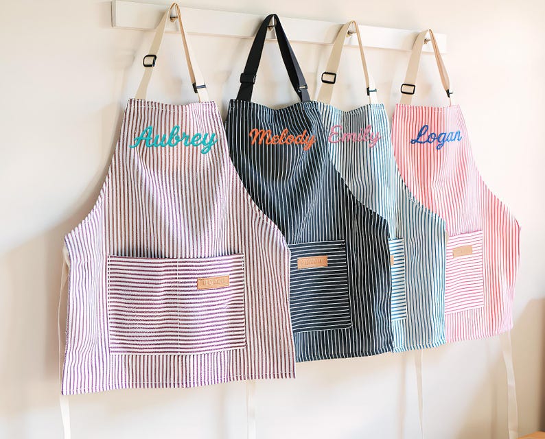 Personalized Apron for Kids, Custom Toddler Apron Embroidered Name, Striped Apron With Pockets, Cooking Party, Birthday Gift for Child image 13