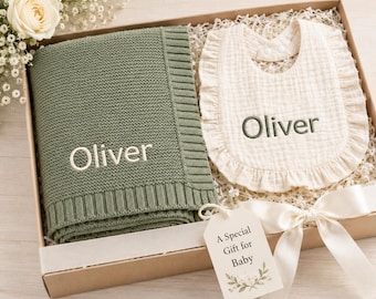 Custom Baby Blanket with Name, Newborn Coming Home Gift Set, Personalized Bib and Blanket, Baby Shower Gift for Boy Girl