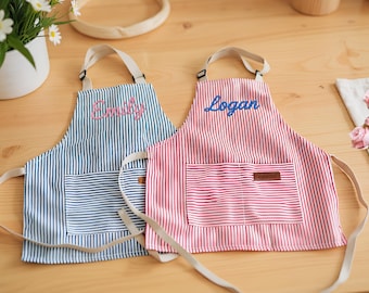 Personalized Apron for Kids, Custom Toddler Apron Embroidered Name, Striped Apron With Pockets, Cooking Party, Birthday Gift for Child