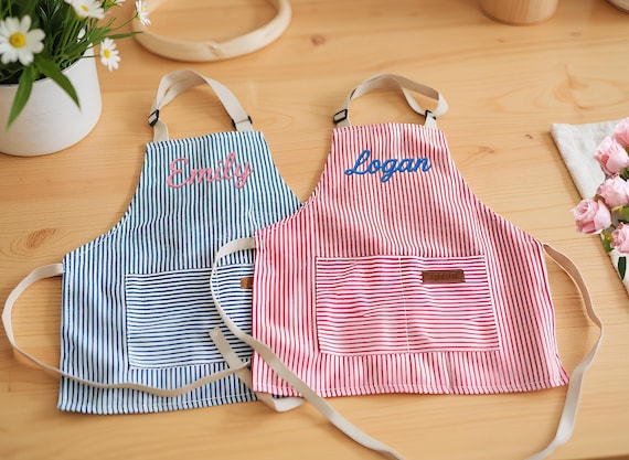 Personalized Apron for Kids, Custom Toddler Apron Embroidered Name, Striped Apron With Pockets, Cooking Party, Birthday Gift for Child