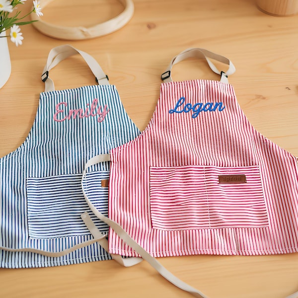Personalized Apron for Kids, Custom Toddler Apron Embroidered Name, Striped Apron With Pockets, Cooking Party, Birthday Gift for Child