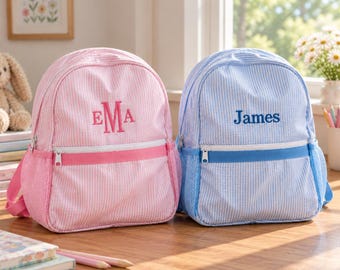 Personalized Seersucker Backpack for Kids, Custom Embroidered Name & Monogram Bag, Preschool Bookbag, Back to School Gift
