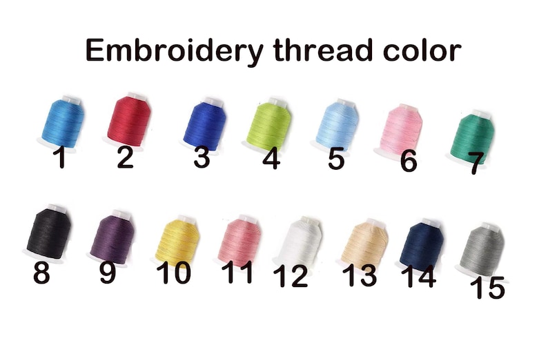 May include: Fifteen spools of embroidery thread in various colors, numbered 1 through 15. The thread colors are: blue, red, blue, green, light blue, pink, green, black, purple, yellow, pink, white, beige, navy blue, and gray.