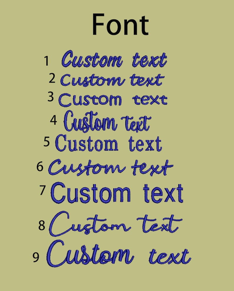 May include: A display of nine different blue custom text fonts, numbered 1 through 9, against a light olive-green background. The word "Font" is at the top in black. Each font style is unique.
