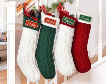 2025 Engraved Leather Patch Stockings,Christmas Stockings with Name,Holiday Stockings,Knit Stockings,Family Stocking Set,Holiday Decor Gift