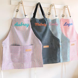 Personalized Apron for Kids and Adult, Custom Embroidered Striped Apron With Pockets, Little Baker Apron, Hostess Gift