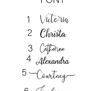 Op de afbeelding: Een lijst met zes namen geschreven in verschillende cursieve lettertypen. De namen zijn Victoria, Christa, Catherine, Alexandra, Courtney en Lindsey.