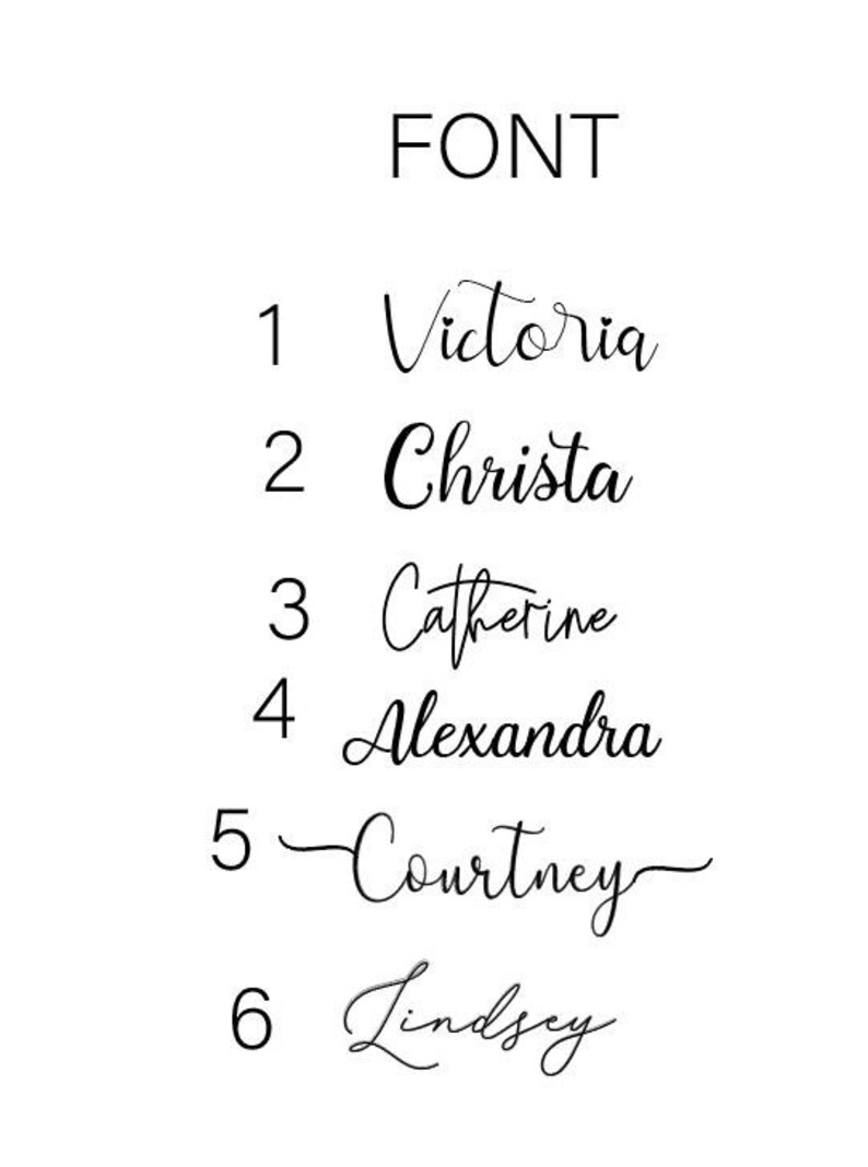 Op de afbeelding: Een lijst met zes namen geschreven in verschillende cursieve lettertypen. De namen zijn Victoria, Christa, Catherine, Alexandra, Courtney en Lindsey.