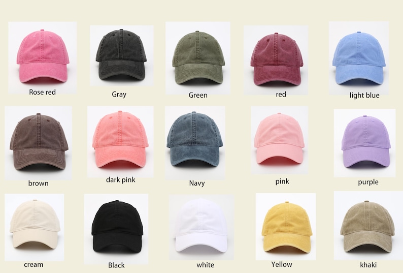 May include: A collection of 15 baseball caps in various colors, including rose red, gray, green, red, light blue, brown, dark pink, navy, pink, purple, cream, black, white, yellow, and khaki.