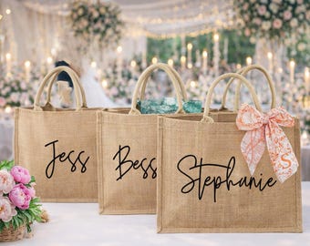 Custom Bridesmaid Bags, Burlap Tote with Name, Beach bag, Gift Bag with Alphabett Scarf, Personalized Jute Bag for Bridesmaid Gift,Gift Bag