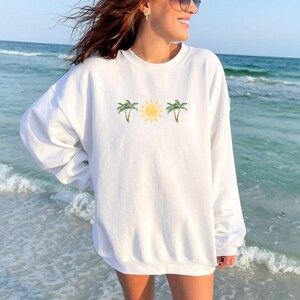 Beachy Sweatshirt, Palm Tree and Sun Sweatshirt, Summer Sweatshirt, Gift for Beach Lover, Beach Pullover, Women&#39;s Beach Vacation Sweatshirt