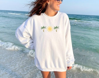 Beachy Sweatshirt, Palm Tree and Sun Sweatshirt, Summer Sweatshirt, Gift for Beach Lover, Beach Pullover, Women's Beach Vacation Sweatshirt