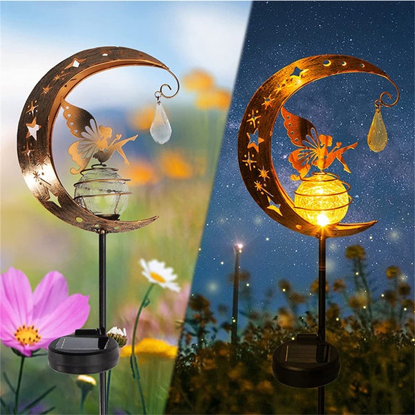 Fairy Solar Outdoor Led Light, Garden Metal Moon Statue, Decorative & Waterproof Outdoor Solar Lighting