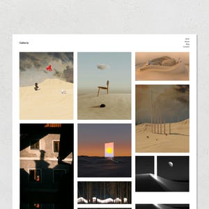 Puede incluir: Un collage de nueve imágenes que muestran diversos paisajes desérticos, incluyendo dunas de arena, una silla solitaria y una nube en el cielo. Las imágenes están dispuestas en una cuadrícula.