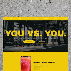 May include: A website design with a yellow and black color scheme. The text "YOU VS. YOU." is prominently displayed. Below, a smartphone shows a fitness app interface. The website promotes structured training plans and real-time tracking.