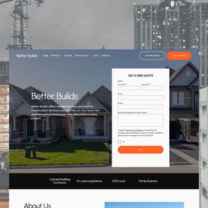 Puede incluir: Maqueta de sitio web para Better Builds, una empresa de construcción, con un formulario para obtener una cotización gratuita. El diseño del sitio incluye un encabezado con navegación, una imagen principal de una casa y un pie de página con información de la empresa.
