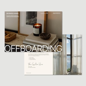 May include: Offboarding guide with a minimalist design featuring a candle, books, and a window with white curtains. The text "OFFBOARDING" is in bold, black letters.