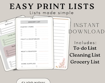 Grocery List Printable Set, Cleaning List, To-do List, Digital Download, Home Organization To-Do List Checklist, Easy Print Digital Download