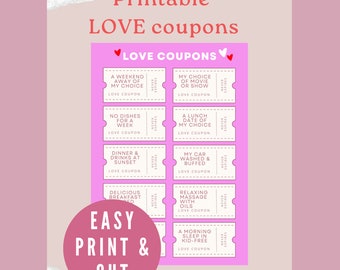 Coupon d'amour facile à imprimer et à découper - joli cadeau d'amour attentionné et abordable, cadeau bricolage pour la Saint-Valentin, cadeau pour lui, cadeau pour elle, imprimable