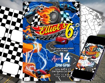 Lightening racing cars Invitation- digital 5x7 invitation w/ printable table cards