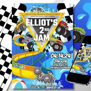 Faire-part d'anniversaire Monster Truck - Invitation de fête à la piscine numérique 5 x 7 avec cartes de table