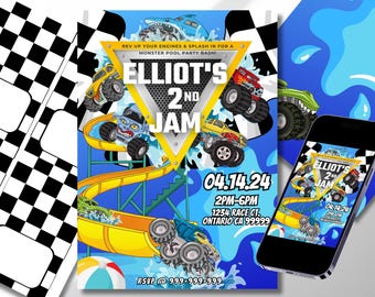 Monster Truck Birthday Invitation- digital 5x7 pool party invitation w/ table cards