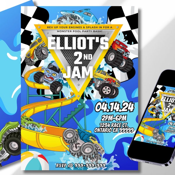 Monster Truck Birthday Invitation- digital 5x7 pool party invitation