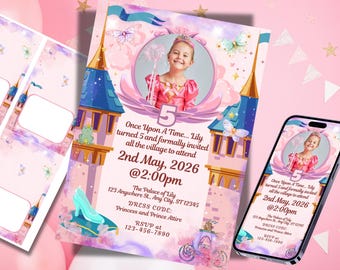 Fairytale Princess Pink Birthday Invitation- digital 5x7 invitation w/ table cards