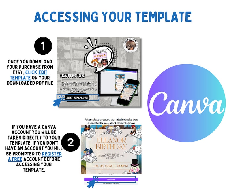 May include: A graphic with instructions on how to access a Canva template after purchasing it from Etsy. The graphic shows a computer screen and a mobile phone with a Canva template open on both devices. The text on the graphic says "Once you download your purchase from Etsy, click Edit Template on your downloaded PDF file." and "If you have a Canva account you will be taken directly to your template. If you don't have an account you will be prompted to register a free account before accessing your template."