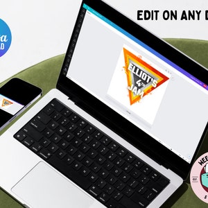 May include: A laptop computer displaying a design template for a birthday party invitation on the Canva website. The design features a colorful triangle with the text "Elliot's 4th Jam". The laptop is on a green surface with a smartphone next to it. A round sticker with a cartoon printer and the text "Weekly Prints Studio" is in the lower right corner.