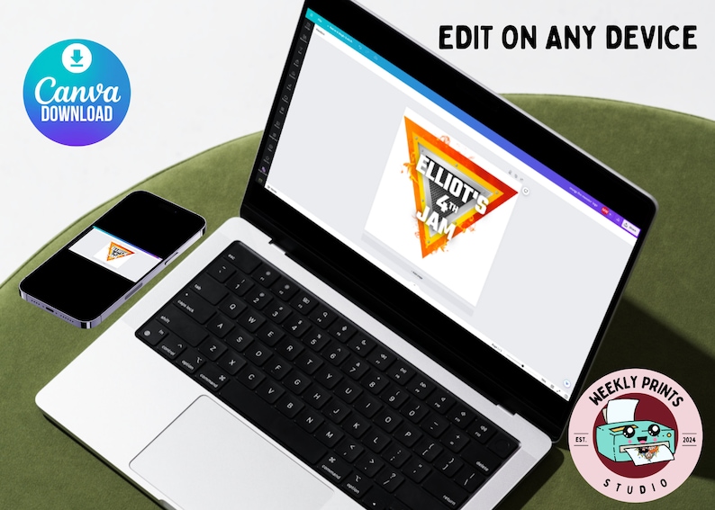 May include: A laptop computer displaying a design template for a birthday party invitation on the Canva website. The design features a colorful triangle with the text "Elliot's 4th Jam". The laptop is on a green surface with a smartphone next to it. A round sticker with a cartoon printer and the text "Weekly Prints Studio" is in the lower right corner.