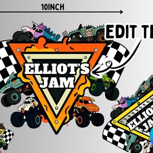 以下が含まれることがあります： モンスタートラックと「ELLIOT'S JAM」の文字が特徴のグラフィックデザイン。デザインの幅は25.4cm、高さは20.3cmです。チェッカーフラッグと写真オプションが含まれています。デザインはオレンジ、黒、様々な色です。