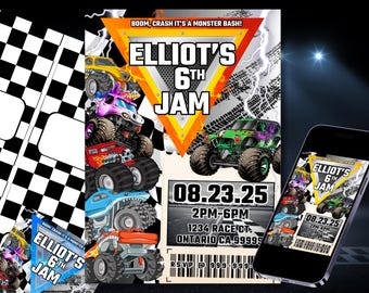 Monster Truck Birthday Invitation- 3 digital 5x7 invitation w/ printable table cards
