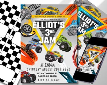 Monster Truck Birthday Invitation- digital 5x7 w/ table cards