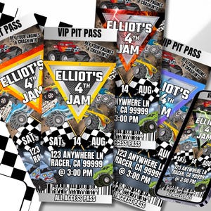 May include: A selection of VIP pit passes and a smartphone showing a digital pass for "Elliot's 4th Jam." The passes feature monster truck graphics, event details, and a checkered flag design. The passes are for an event on 14th August.