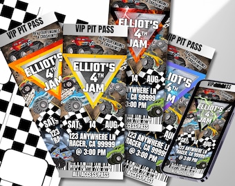 Monster Truck Pit Pass Invitation- 5 digital invitations w/ printable table cards