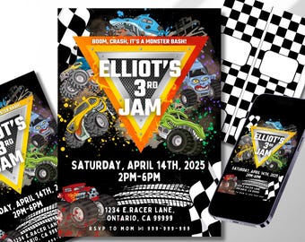 Monster Truck Birthday Invitation- digital 5x7 invitation w/ printable table cards