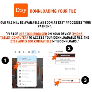 May include: Screenshot of an Etsy website showing how to download a digital purchase. The steps are numbered 1, 2, and 3. The text says "Please use your browser on your device (phone, tablet, computer) to access your downloadable file. The Etsy app is not compatible with downloads."