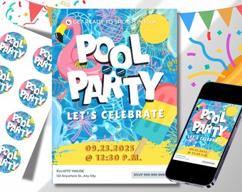 Pool Party Invitation- digital 5x7 invitation with round toppers