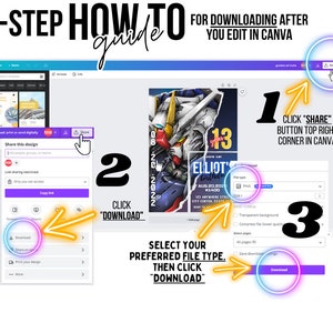 May include: A three-step guide for downloading a design after editing it in Canva. The guide shows how to click the "Share" button in the top right corner, then click "Download", and finally select the preferred file type and click "Download" again.