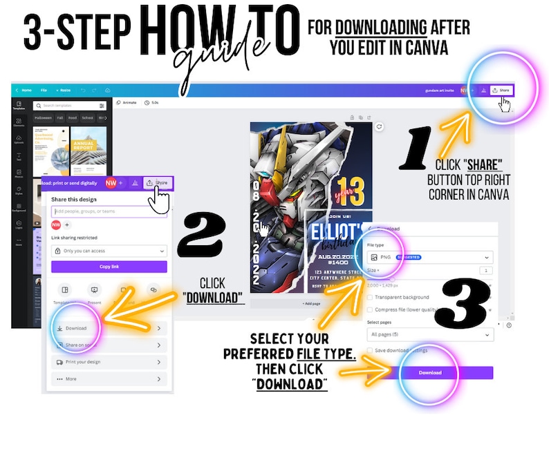 May include: A three-step guide for downloading a design after editing it in Canva. The guide shows how to click the "Share" button in the top right corner, then click "Download", and finally select the preferred file type and click "Download" again.