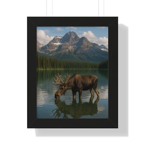 Moose Drinking From Lake Landscape Poster, Nature Art Print, Wildlife Home Decor, Cabin Wall Art, Gift for Nature Lovers, Outdoor Aesthetic