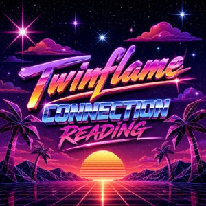 以下が含まれることがあります： 鮮やかな色で「Twin Flame Connection Reading」という言葉が書かれたレトロスタイルのグラフィック。夕日、ヤシの木、グリッドパターンが星空を背景に描かれています。全体的な美しさは1980年代を彷彿とさせます。